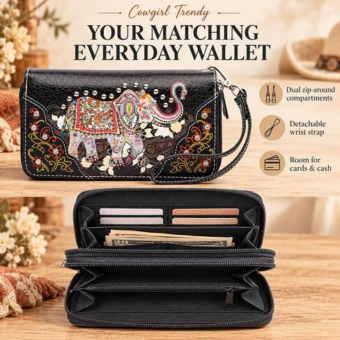 Elephant Rhinestone Studded Western Style Concealed Carry Purse Handbag Women Shoulder Bag Wallet Set in Kuwait