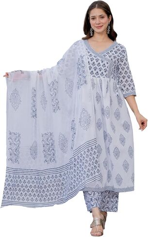 Meera Fab Women's Cotton Printed Kurta With Palazzo & Dupatta Set in Kuwait