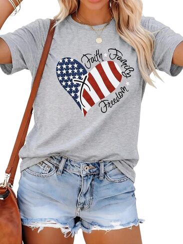 قمصان وطنية للنساء قميص العلم الأمريكي Faith Family Freedom جرافيك تي شيرت USA Star Stripes Tops in Kuwait