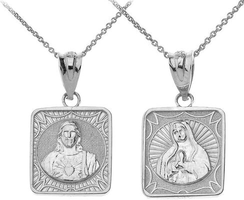 Claddagh Gold 925 Sterling Silver Immaculate Heart of Mary/Sacred Heart of Jesus Square Medal Reversible Necklace and Pendant Only in Kuwait