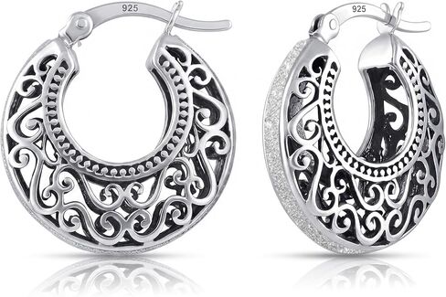 Charmsy 925 Sterling Silver Filigree Cut Click-Top Hoop Earrings for Women and Teens - Stylish and Lightweight Silver Jewelry in Kuwait