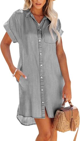 Paintcolors Women's Long Sleeve Silk Denim Button Up Dresses Shirt Tunics Cover-ups Oversized Blouse Tops with Pockets in Kuwait
