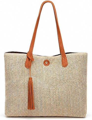 QZUnique Straw Handbags Women's Summer Beach Straw Bucket Tote Bag Straw Woven Handbag Tassel Shoulder Bag Purse in Kuwait
