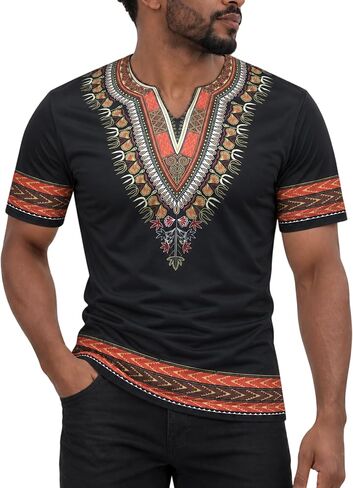 Men's African Traditional T Shirt Dashiki Print Fashion Shirt Festival T-Shirt Gold Printed Dashiki Tee Tops V Neck Shirts in Kuwait