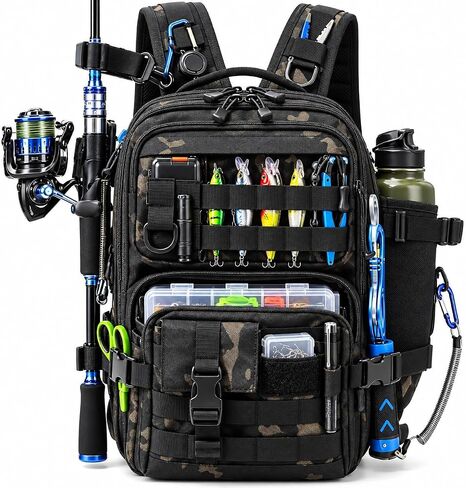 Fishing Backpack Tackle Storage Bag Fishing Gear and Equipment with Rod Holder Shoulder Sling Bag for Outdoor Fishing, Hunting, Hiking (Black and Brown) in Kuwait