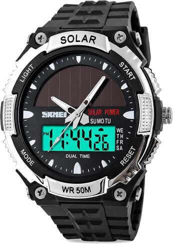 MASTOP Solar Energy Watch led Luminous Indication 2 Time Zone 50m Waterproof Watch(Silver) in Kuwait