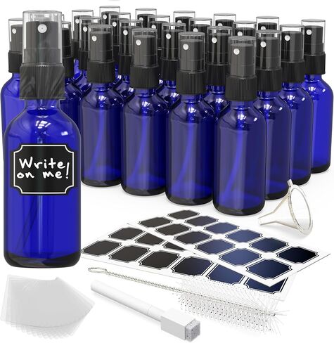 Nevlers 24 Pack 2 Oz Blue Small Glass Spray Bottles for Essential Oils - Perfume |Refillable Travel Size Spray Bottle Set Includes Sprayers - Funnel- Brush- Labels - Marker to Easily Identify Contents in Kuwait