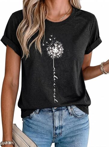 MaQiYa Womens Cute Make A Wish Dandelion Printed Tee Shirts Summer Cotton Vintage Graphic Tees Tops in Kuwait
