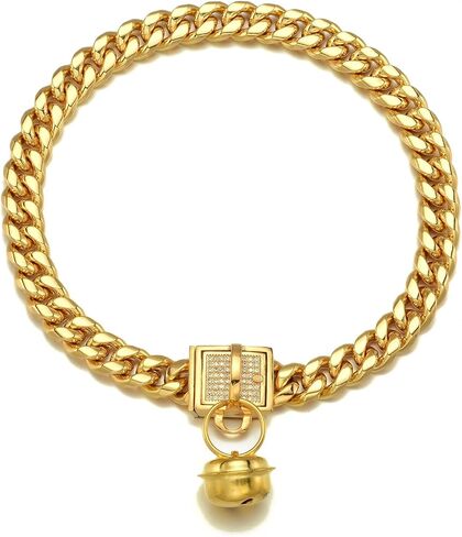 18K Gold Dog Collar Metal Stainless Steel 10mm Luxury Training Collar Cuban Link with Zirconia Lock bell Necklace Chain Locking Chew Proof Collar in Kuwait