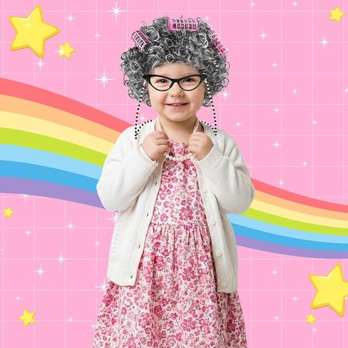 Matiniy 9 PCS 100 Days of School Old Lady Costume Include Wig Glasses Necklace Bracelet Glasses Chain Bag Cane and Stickers in Kuwait