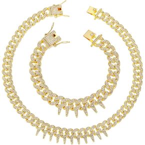 HH BLING EMPIRE Mens Silver Gold Spikes Cuban Link Chain and Bracelets Iced Out Diamond Cuban Necklace Chain Bracelet Sets for Young Boys Hip Hop Jewelry in Kuwait