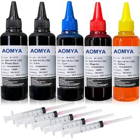 Aomya Ink Refill kit 5x100ml for Canon 250 251 270 271 280 281 1200 2200 PG240 CL241 PG245 CL246 PG210 Refillable Ink Cartridge CIS CISS System with 5 Syringes (PBK, BK, C, M, Y) in Kuwait