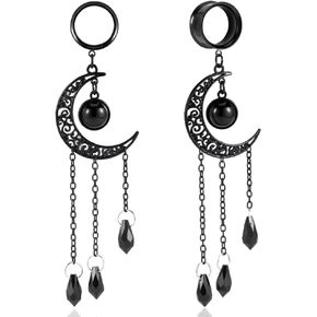 2PCS Fashion Black Chain Moon Earrings Plugs Tunnels 316 Stainless Steel Pendant Ear Gauges Body Piercing Jewelry in Kuwait