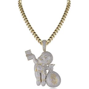 Jewelry V Sign Money Bag Pendant Hip Hop Simulated Diamond Iced Out Rhinestone Crystal Necklace, 10mm 18" Cuban Link Chain Necklace for Men Women in Kuwait