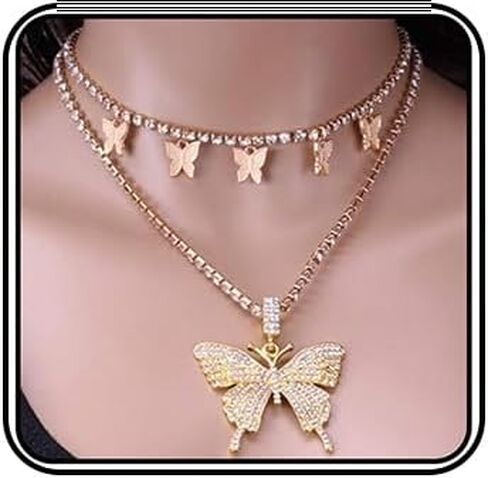 wekicici Butterfly Choker Necklace Gorgeous 2 Layered Crystal Butterfly Pendant Necklaces Multi-layer Sparkly Butterfly Chain Link Necklace for Women Teens Girls in Kuwait