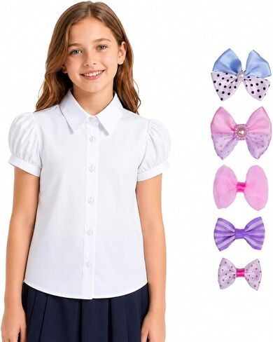 Bienzoe Girls Shirt Short Sleeve: White Button Up Kids School Uniform Cotton Oxford Collar Puff Dress Blouse Bowtie Pack in Kuwait