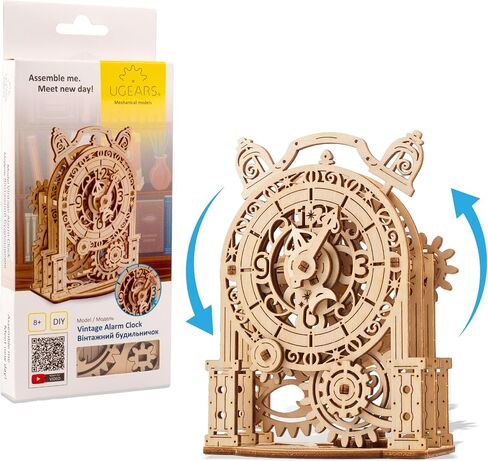UGEARS Vintage Alarm Clock 3D Puzzle - Wooden Model Kit for Adults to Build - Mechanical Model Desk Clock Making Kit - 3D Jigsaw Puzzle Wood Toy Clock - DIY Brain Teaser Puzzle Construction Set in Kuwait