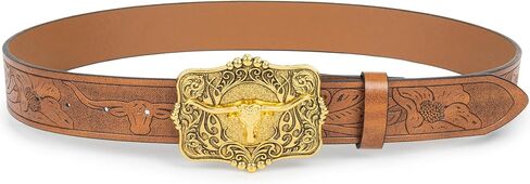 UTOWO Rodeo Western-Longhorn-Bull Cowboy-Belt for Women-Men Bull-Floral-Embossed PU-Leather Cowgirl Waist Belt for Jeans in Kuwait