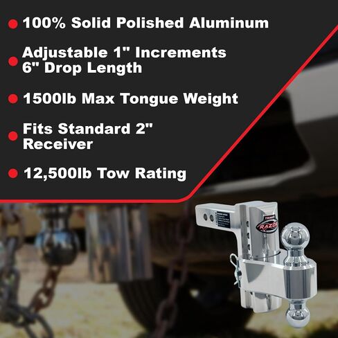 TRIMAX - وصلة مقطورة من الألومنيوم قابلة للتعديل من Razor Ultra RP - تناسب جهاز استقبال 2.0 بوصة، كرة مزدوجة (2 بوصة × 2-5/16)، قطرة 6 بوصة، 12,500 GTW - TRZ6ULTRP in Kuwait