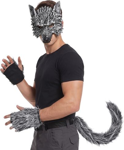 Wolf Mask with Wolf Tail and Gloves, Wolf Costume and Werewolf Mask for Mens Women Kids Halloween Party Dress Up, Cosplay in Kuwait