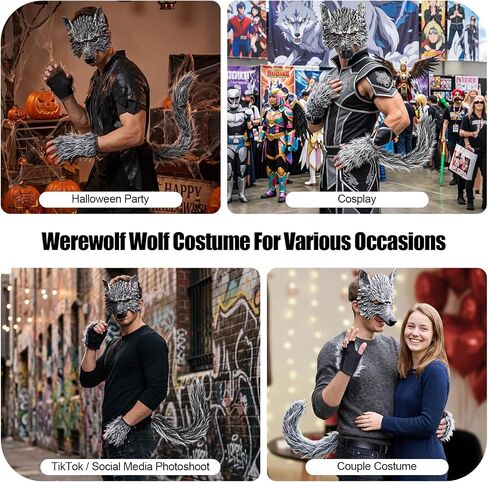 Wolf Mask with Wolf Tail and Gloves, Wolf Costume and Werewolf Mask for Mens Women Kids Halloween Party Dress Up, Cosplay in Kuwait