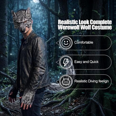 Wolf Mask with Wolf Tail and Gloves, Wolf Costume and Werewolf Mask for Mens Women Kids Halloween Party Dress Up, Cosplay in Kuwait