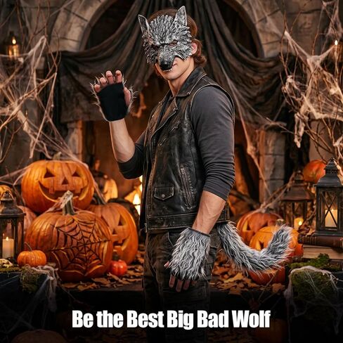 Wolf Mask with Wolf Tail and Gloves, Wolf Costume and Werewolf Mask for Mens Women Kids Halloween Party Dress Up, Cosplay in Kuwait