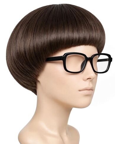 Short Brown Cosplay Wig with Bangs Mushroom Wig for Men 60s Bowl Cut Women Wig Straight Wig Adult Funny Wig Synthetic Wig for Anime Halloween Costume Party + Wig Cap in Kuwait