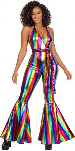 Women's Rainbow Rave Disco Costume | Colorful Metallic Jumpsuit & Flared Pants | 70s 80s Outfits in Kuwait