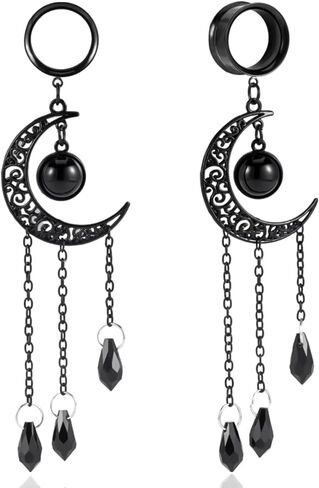 2PCS Fashion Black Chain Moon Earrings Plugs Tunnels 316 Stainless Steel Pendant Ear Gauges Body Piercing Jewelry in Kuwait