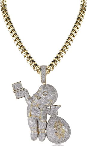 Jewelry V Sign Money Bag Pendant Hip Hop Simulated Diamond Iced Out Rhinestone Crystal Necklace, 10mm 18" Cuban Link Chain Necklace for Men Women in Kuwait