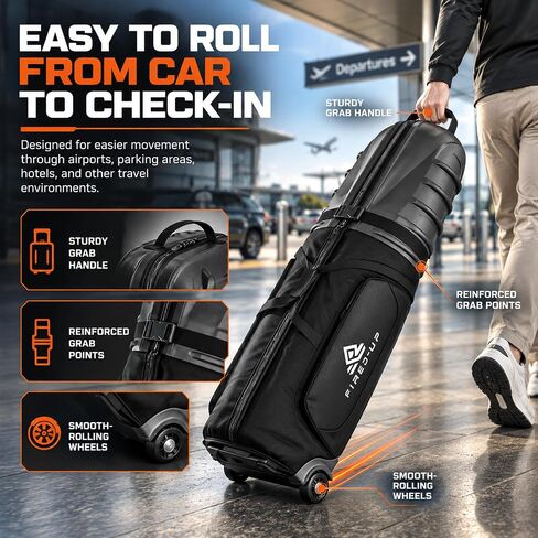 Golf Travel Bag with Wheels - 1680D Heavy Duty Nylon Fabric Golf Travel Case with Travel Golf Bag Storage Integrated Padlock & Ergonomic Handle Foldable Golf Travel Bags for Airlines in Kuwait