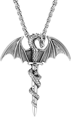 Xusamss Punk Rock Titanium Steel Sword Pendant Wings Dragon Necklace with 24inches Chain in Kuwait