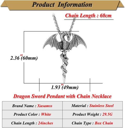Xusamss Punk Rock Titanium Steel Sword Pendant Wings Dragon Necklace with 24inches Chain in Kuwait