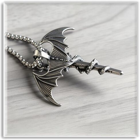 Xusamss Punk Rock Titanium Steel Sword Pendant Wings Dragon Necklace with 24inches Chain in Kuwait
