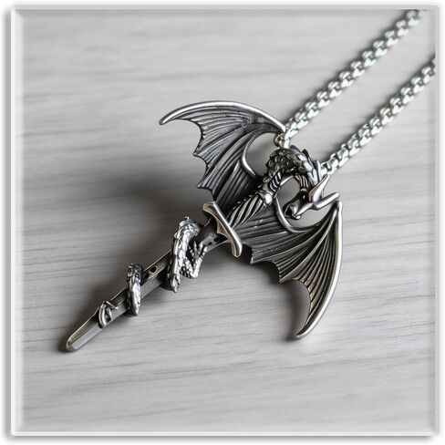 Xusamss Punk Rock Titanium Steel Sword Pendant Wings Dragon Necklace with 24inches Chain in Kuwait