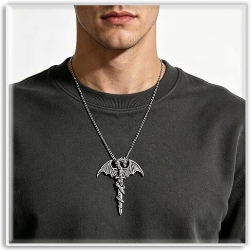 Xusamss Punk Rock Titanium Steel Sword Pendant Wings Dragon Necklace with 24inches Chain in Kuwait