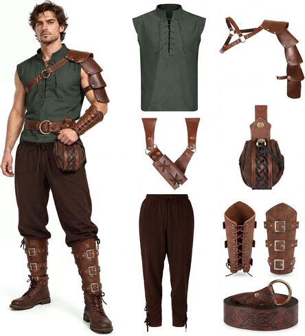 ShinyMatch 7 Pcs Men's Renaissance Costume Set Shirt Pants Belt Shoulder Armor Pouch Bracer Sword Bag for Halloween in Kuwait
