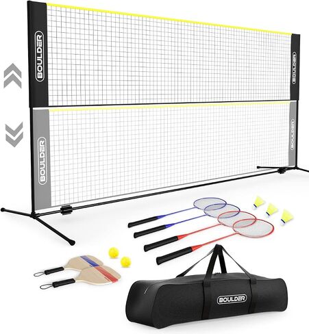 BOULDER Sports Pickleball Paddles & Badminton Set for Backyard - Includes 4 Rackets, 2 Pickleball Paddles, 3 Shuttlecocks, 2 Pickleballs & 2 Travel Bags - Easy Setup Volleyball & Racket Sports Net in Kuwait