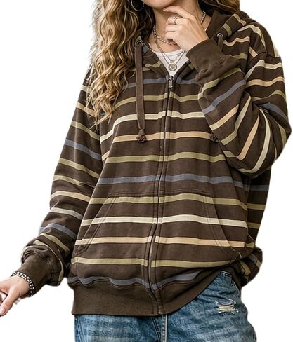 Pivanzore Women's Y2K Long Sleeve Striped Hoodie Oversized Zip Up Drawstring Color Block Sweatshirt Casual Jacket Streetwear in Kuwait