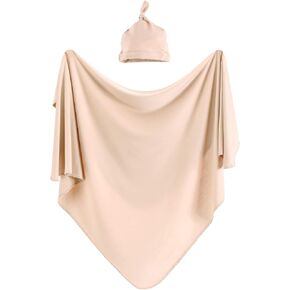 Cotton Knitted Baby Swaddle Blanket with Hat Headband Set Newborn Swaddle Wrap Receiving Blankets for Baby Girl Boy 35" x 35"(White) in Kuwait