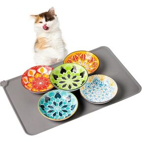 5 Ceramic Cat Bowls with Silicone Cat Mat, 5.5 inch Wide Shallow Cat Food Bowl for Relief Whisker Fatigue in Kuwait