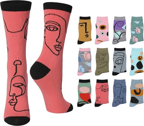 Tipi Toe Women's 12 Pairs Abstract Face Expressions Cool Warm Hues Cyan Blue Dark Green Lightweight Crew Socks, CR188-T1 in Kuwait
