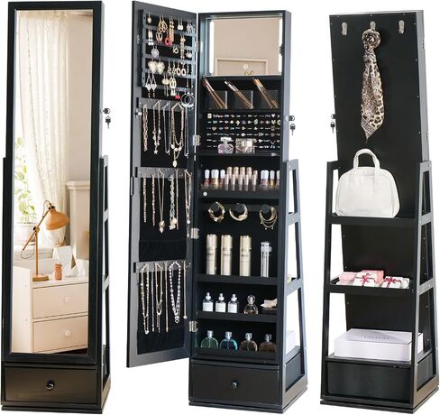 360° Swivel Full Length Mirror Jewelry Cabinet Standing With Built-In Mirror - 63.7"H Jewelry Armoire With Mirror & 3 Drawers, Lockable Storage Mirror With 3 Storage Racks (Black) in Kuwait