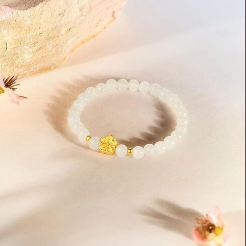 24K Solid Gold Bracelet for Women, Real Pure Gold Jewelry Trendy Sakura Flower Ross Quartz Beaded Bracelet for Men Teen Girls in Kuwait