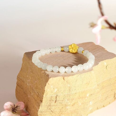 24K Solid Gold Bracelet for Women, Real Pure Gold Jewelry Trendy Sakura Flower Ross Quartz Beaded Bracelet for Men Teen Girls in Kuwait