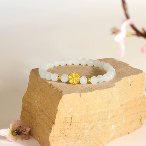 24K Solid Gold Bracelet for Women, Real Pure Gold Jewelry Trendy Sakura Flower Ross Quartz Beaded Bracelet for Men Teen Girls in Kuwait