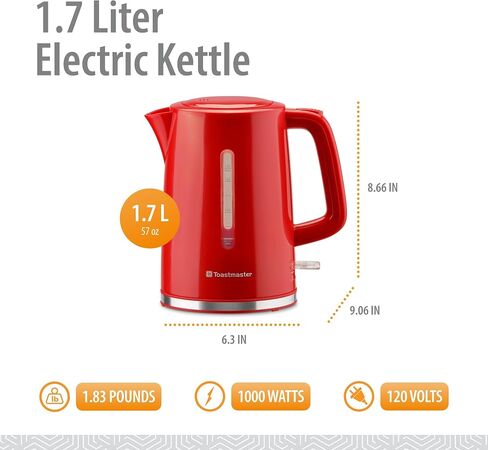 Toastmaster 1.7 Liter Electric Kettle - Tea & Coffee Kettle - Electric, Cordless Water Heater - Tea Water Boiler with Filter Pour Spot - Red in Kuwait