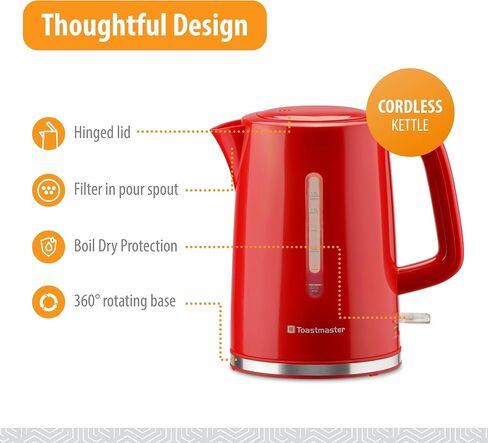 Toastmaster 1.7 Liter Electric Kettle - Tea & Coffee Kettle - Electric, Cordless Water Heater - Tea Water Boiler with Filter Pour Spot - Red in Kuwait