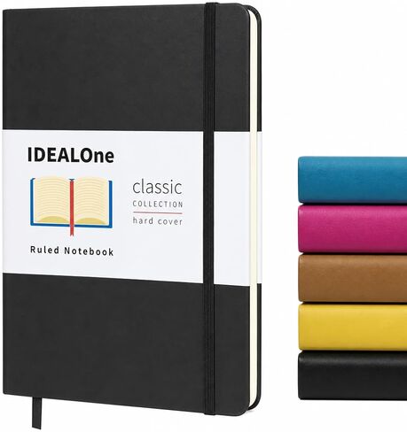 دفتر ملاحظات IDEALOne غلاف كلاسيكي مبطن - العمل، المنزل، المدرسة، 5.7 × 8 بوصة، مسطرة جامعية بعرض 7 مم، 160 صفحة، ورق سميك 100 جرام في المتر المربع، شريط مطاطي، إشارة مرجعية شريطية، أسود in Kuwait